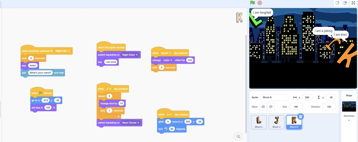 kelpowers5's tweet image. Love how students learning how to "Animate the Letters of their Name", explore with different Events. This student explores with key presses, on click &amp;amp; the Green Flag while building her own content knowledge. Love seeing her curiosity during the build process. #12daysofCode