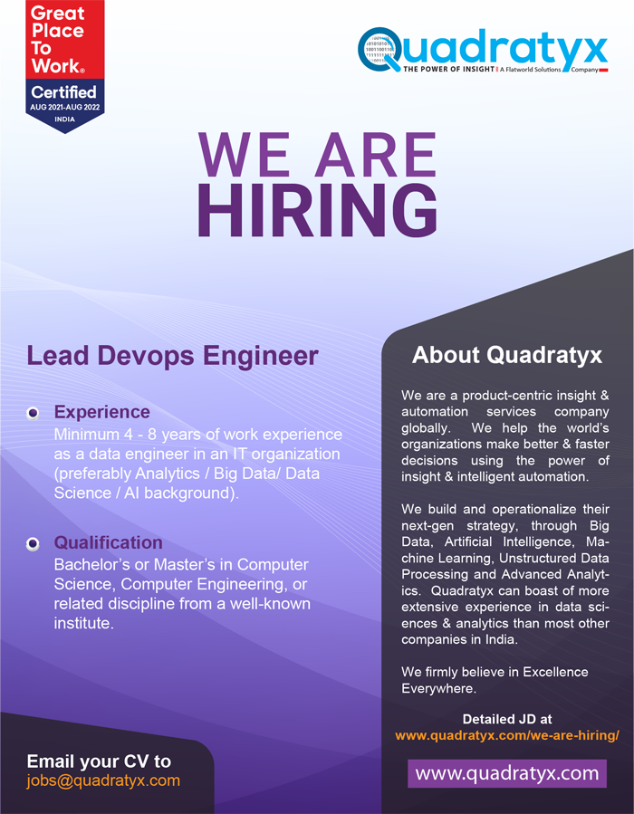 Quadratyx's tweet photo. We are hiring Lead Devops Engineer at Quadratyx !
#quadratyx #LeadDevopsEngineer #hiringimmediately #hiringalert https://t.co/pgiHOPAv8U