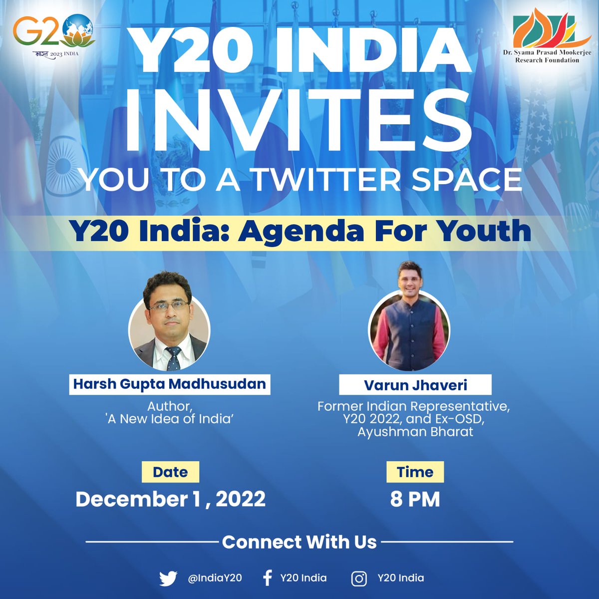 IndiaY20's tweet photo. Y20 India invites everyone to our first #Y20Talks Twitter Space with @harshmadhusudan and @Varun_Jhaveri on the theme 'Y20 India: Agenda For Youth'. 

These talks will contribute to the G20 youth agenda.
#Y20India #IndiaLeadsG20 https://t.co/vEo0ZXNyJG