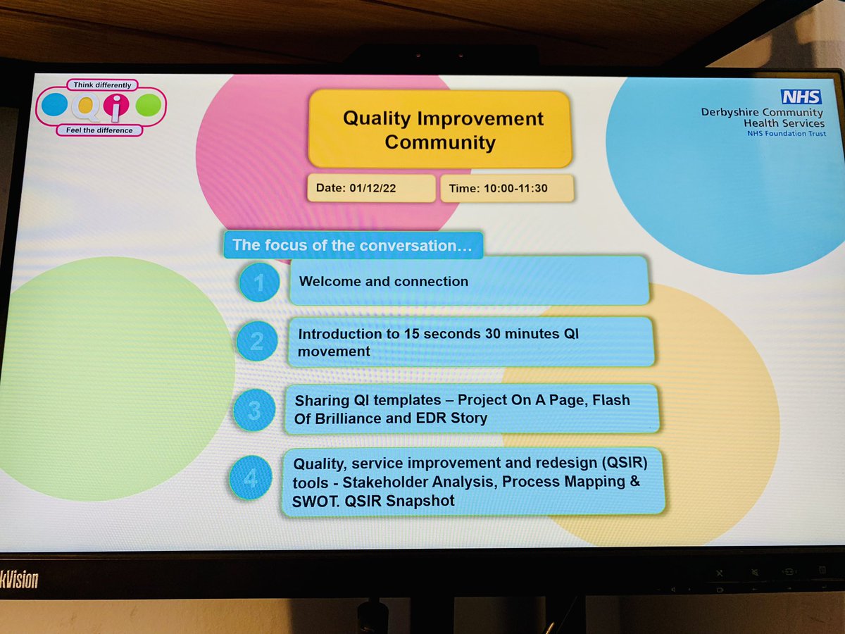 Positive energy in <a href="/DCHStrust/">Derbyshire Community Health Services NHS FT</a> QI community today.Lots of <a href="/15s30m/">15 seconds 30 minutes 💙</a> appetite; great feedback on QI tools, templates, training shared &amp; on <a href="/DCHSCET/">DCHS Improvement, Innovation & Effectiveness Team</a> webpage;engaging member interaction “it’s got my brain thinking about all the things I’d like to do &amp; how fits with our service” 🧠 💡👏