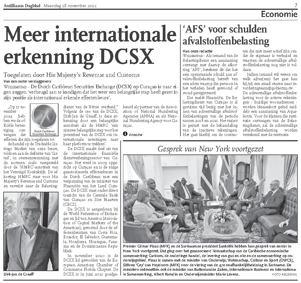 DCSX_co's tweet photo. More International Recognition for the DCSX: His Majesty's Revenue and Customs (HMRC) Recognition"
Article from "Antilliaans Dagblad" (AD) published on November 28, 2022. https://t.co/2pesEqYBaO