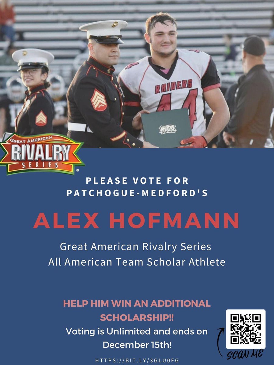 Please take a moment to 𝐕𝐎𝐓𝐄 for our son <a href="/alexhofmann22/">Alex Hofmann</a>!  He has the opportunity to WIN another scholarship and a chance to be on the 2022 All America Team!  SO PROUD! 🏈🇺🇸
bit.ly/3gLU0fG

<a href="/diggin2day/">Keith Hofmann</a> <a href="/PATMED_RAIDERS/">Patchogue Medford Varsity Football</a> <a href="/PatMedAthletics/">Pat-Med Athletics</a> <a href="/AmericanRivalry/">Great American Rivalry Series</a> <a href="/jerryflora1/">jerry flora</a>