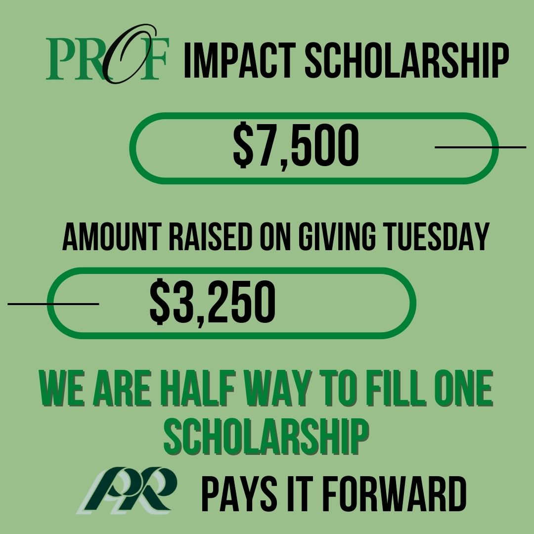 THANK YOU! On Giving Tuesday you donated $3,250 to PROF for the Impact Scholarship. In one day we are already half way to making a student's dream of higher learning come true!
☃️ Our season of giving continues throughout the month of December. 
flipcause.com/secure/cause_p…