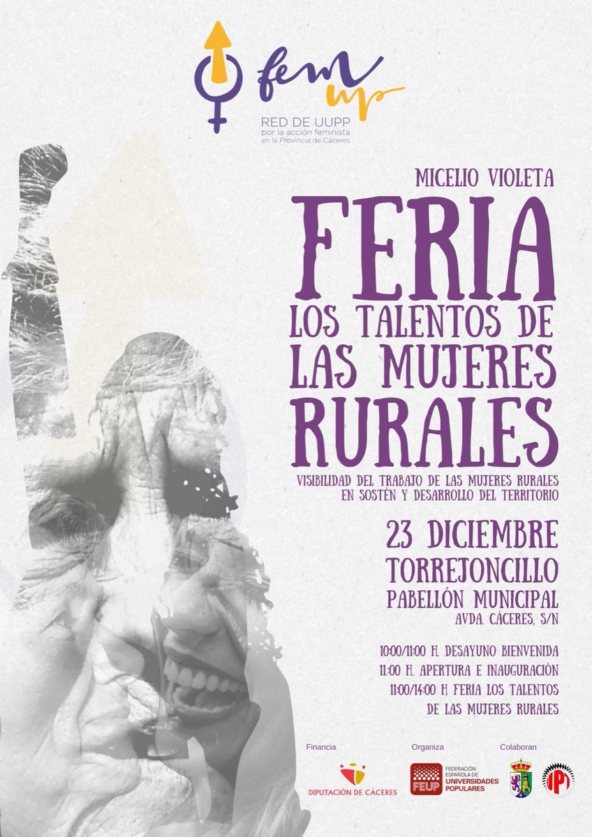 lafeup's tweet photo. Desde el proyecto #FemUP #Cáceres estamos preparando la Feria de los talentos de las #mujeresrurales

📆 23 de diciembre
⏱️ 10-14 horas
🏟️ Torrejoncillo

Si eres artesana, artista, haces reposter��a, bordas, haces quesos, eres emprendedora..

Inscríbete:
📲 https://t.co/FgyTUWgXcv https://t.co/ElCr5iJm0I