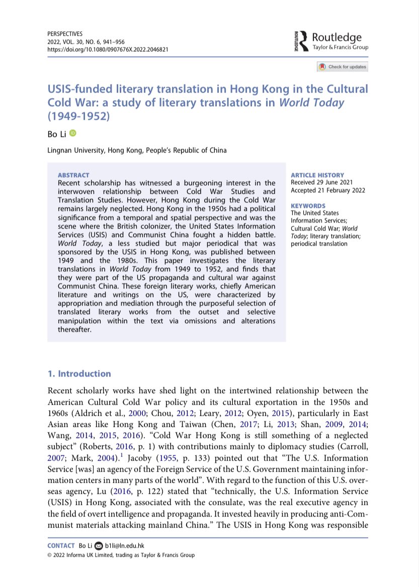 Thrilled to see my article appeared in the latest issue of Perspectives.  It discussed the translated literature in periodicals in Hong Kong funded by United States Information Services during the early years of the Cold War. Free eprints : tandfonline.com/eprint/BRKEA4M…