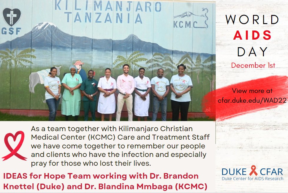 DukeCFAR's tweet photo. This #WorldAIDSDay, we asked our @DukeCFAR members and Duke community why they rock the ribbon for HIV awareness. The @IDEASforHope team at @KCRITanzania (led by Drs. @BAKnettel &amp; @blaymt) and CTC staff at @KilimanjaroChr2 wear their ribbons in support of those living with HIV. https://t.co/BCC6Ks5dpU