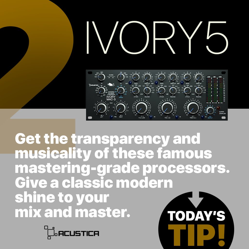 AcusticaAudio's tweet image. Bring the 'mojo' back with Ivory: use the HF Limiter with 2dB of gain reduction to give an analog flavor to your masters!

Ivory 5 is 70% off until December 4, 2022.
acustica-audio.com/store/products…

#acusticaaudio #masteringtips #analog
#musicproducer