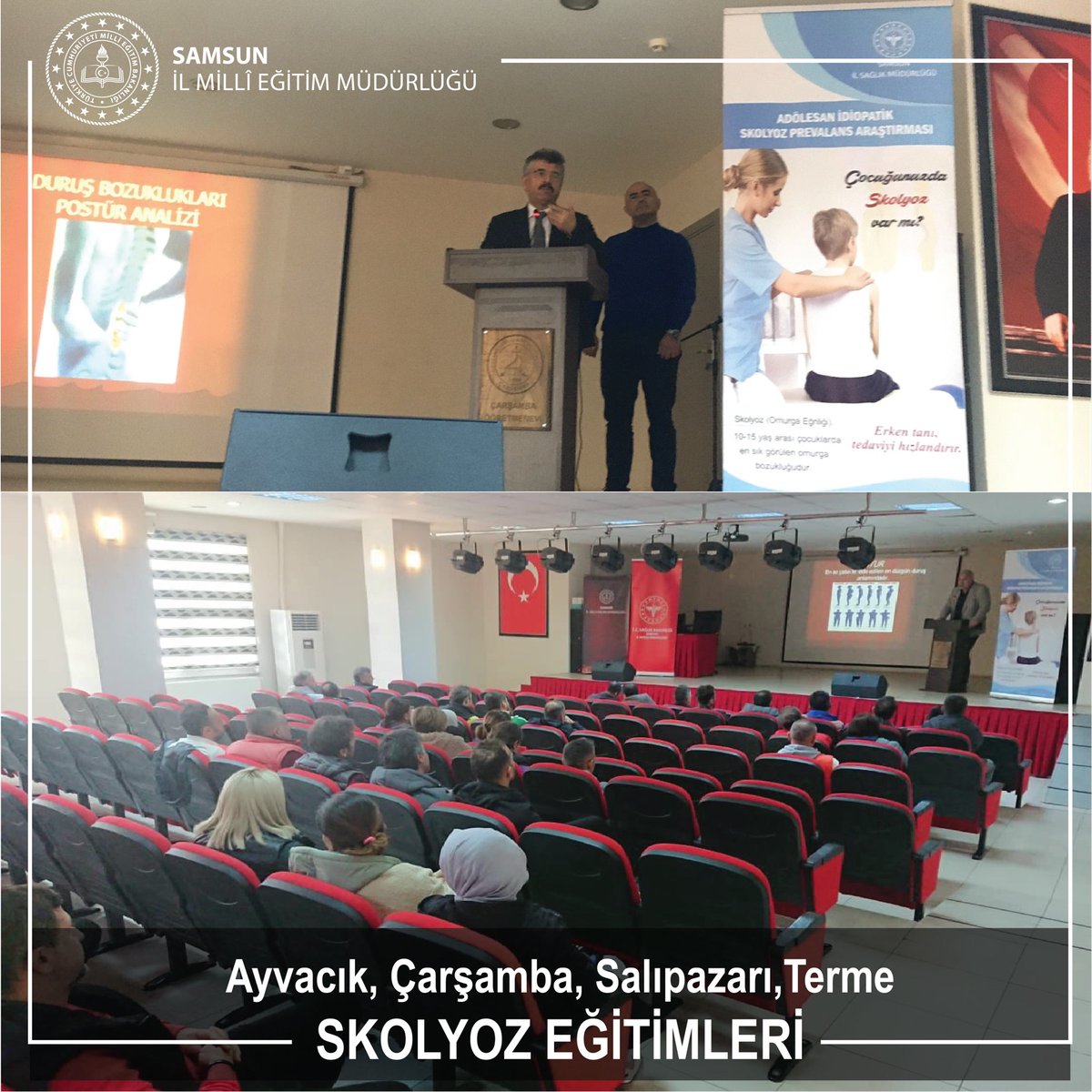 samsunarge's tweet photo. Müdürlüğümüz ve İl Sağlık Müdürlüğü işbirliğinde "Adölesan İdiopatik Skolyoz Prevalans" çalışmaları kapsamında Ayvacık,Çarşamba,Salıpazarı,Terme ilçelerinde görev yapan  ortaokul Beden Eğitimi öğretmenlerine yönelik Skolyoz Farkındalık Eğitimi düzenlendi. @samsunmem @muratagar60 https://t.co/wj2cbkxqPP