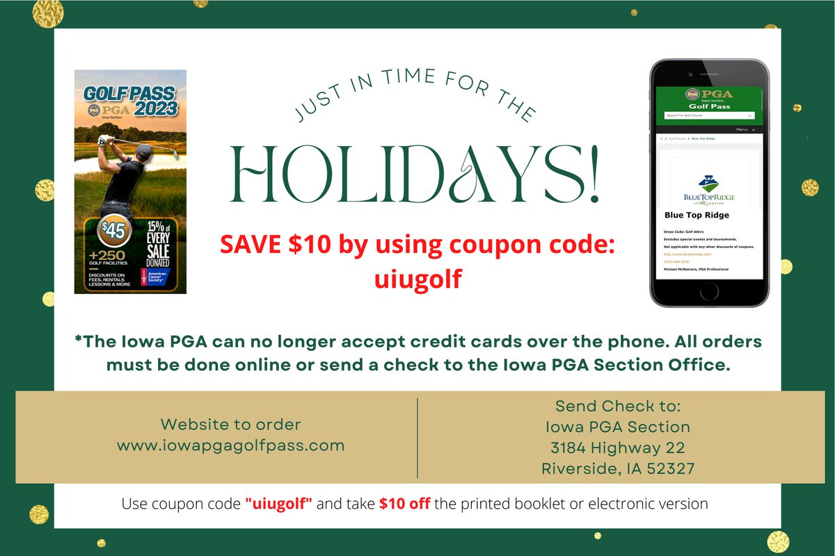 UIU_Golf's tweet photo. The Iowa PGA Golf Pass 2023 is a great gift for the golfer in your life!  Huge discounts at many great courses in Iowa! 
Use coupon code: uiugolf to save $10!  
UIU Golf also benefits from this offer!  
Go to https://t.co/S2V3wkh9fG now! @UIUPeacocks @iowapga @IowaGolfAssn https://t.co/VRMpnRi5D8