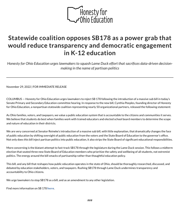Honesty Coalition releases a statement opposing SB 178. Read the full statement here: honestyforohioeducation.org/sb178-nov-2022…