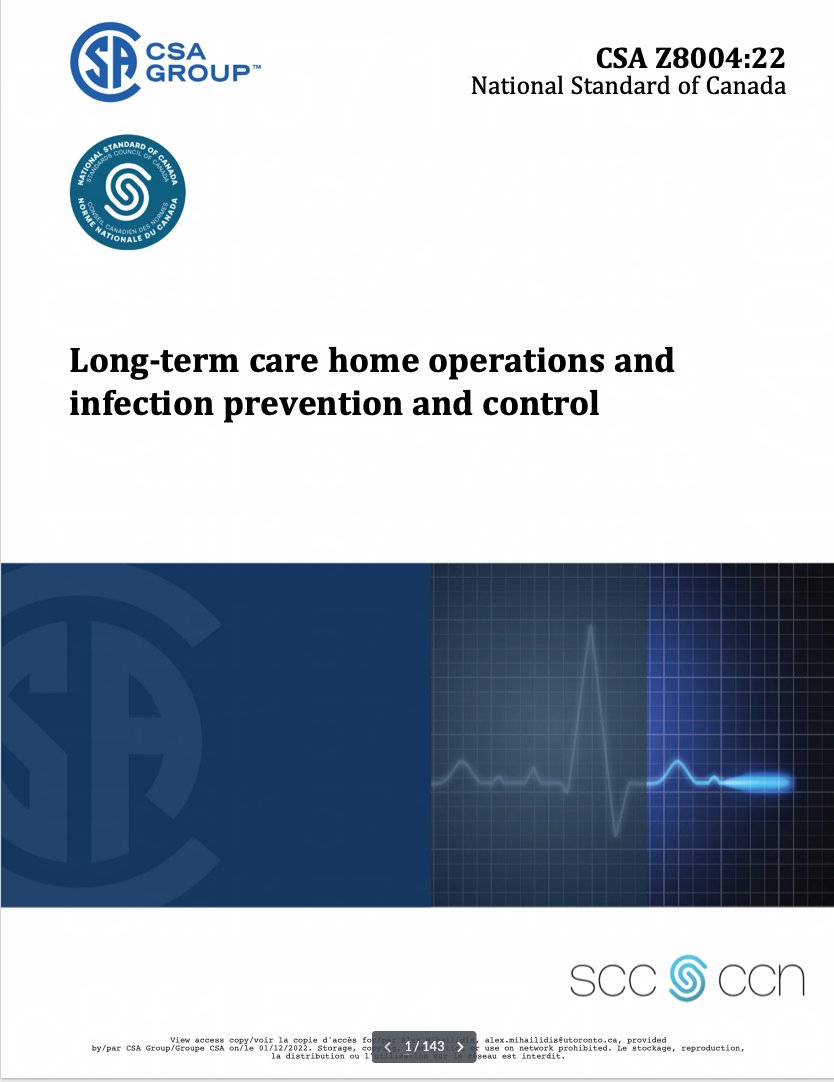 Pleased that @CSA_GROUP has published CSA Z8004 #LTC Home Operations and Infection Prevention and Control, which was chaired by our Scientific Director &amp; CEO, @AlexM_UT. 