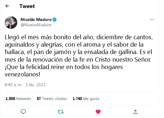 SomosRMNoticias's tweet photo. #EsNoticia 🗞️ Presidente de la República Bolivariana de Venezuela, @NicolasMaduro, dio la bienvenida al mes de diciembre, mes de la Navidad

 #NavidadesSinSanciones #1Dic https://t.co/a46wzZdgtv