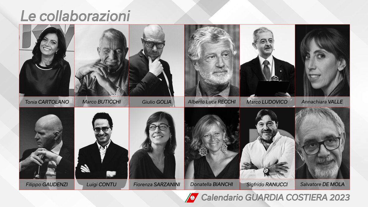 #specialguest
Il #CalendarioGC2023 ospita nomi importanti del mondo della comunicazione.
‘Amici’ #GuardiaCostiera che hanno raccontato i dodici scatti in bianco/nero del calendario, dando colore a #impegno e #passione con cui operiamo #AlServizioDegliAltri
#SpecialThanks to 👇