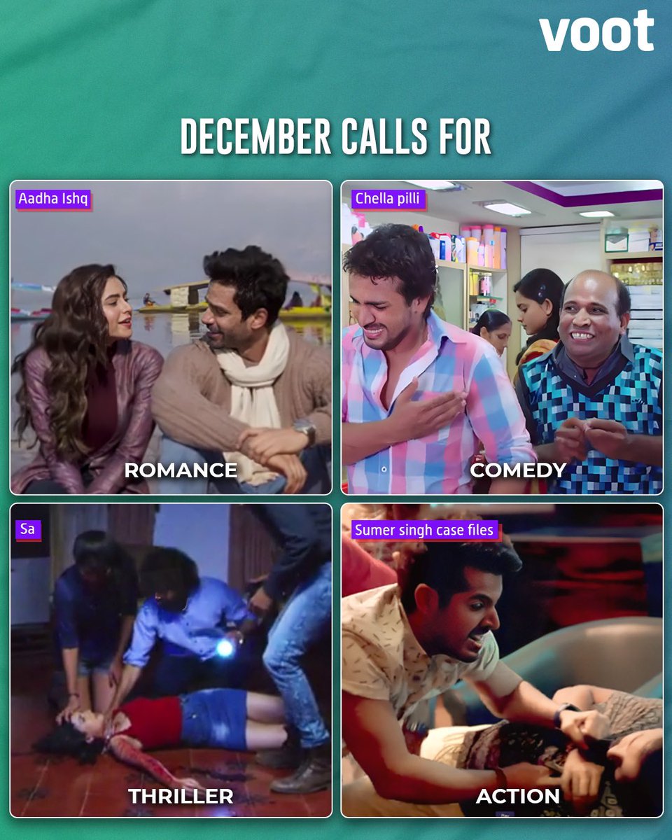 justvoot's tweet photo. Fulfill all your entertainment cravings this December with Voot! 😍 

Watch Aadha Ishq, Sumer Singh Case Files, Chella Pilli and Sa for free, with limited time access, exclusively on Voot!

#Voot #Vootapp #NonStopEntertainment #ChellaPilli #AadhaIshq #SumerSinghCaseFiles #Sa https://t.co/UreOoIS0Hi