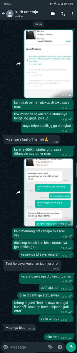 ekadamar's tweet photo. kelakuan kurirnya nih min @anteraja_id, misscall sekali terus statusnya diganti "pickup gagal, nomer pengirim tidak bisa dihubungi",ditelpon balik ga diangkat. saya dikomplain customer saya. akhirnya saya chat ke WA ternyata udah pernah pickup di toko saya. https://t.co/axc9eRVGUe