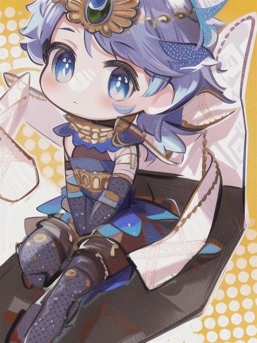 blue eyes blue hair solo chibi sitting looking at viewer gloves  illustration images