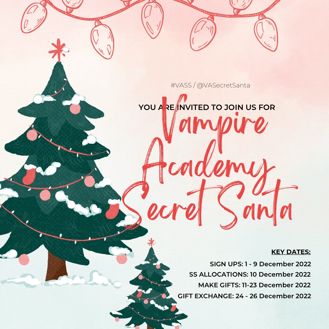 VASecretSanta's tweet photo. December is here and so is #VampireAcademy Secret Santa! 🎄✨

Thank you all for your kind feedback and enthusiasm for this, I hope it’s some Christmas fandom fun! All details in the graphics to this post and link to sign up is here ❤️ https://t.co/V5eWFg6e8n https://t.co/M3OLQ52SKC