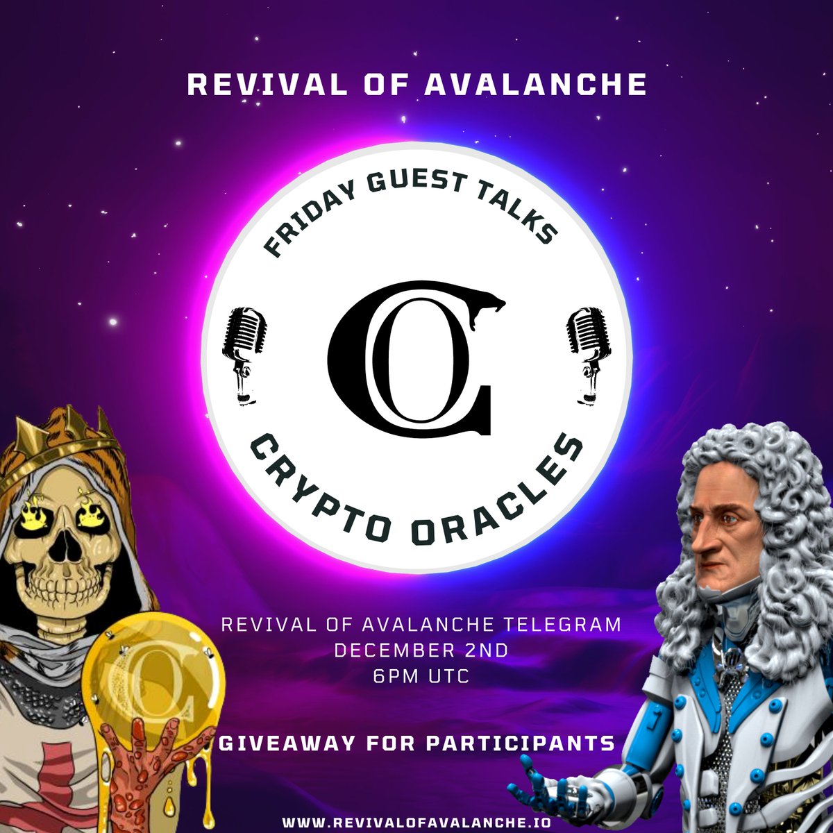🎙December 2nd, 6PM UTC in our Telegram group we will have our first Friday guests. 
You will meet our #partners the @Crypto_Oracles_ #Team and learn more about them and their #project.

🕒Time: 6PM UTC
📅Date: December 2nd
📍Place: t.me/revivalofavala…

#Web3 #DAO #DeFi #NFT