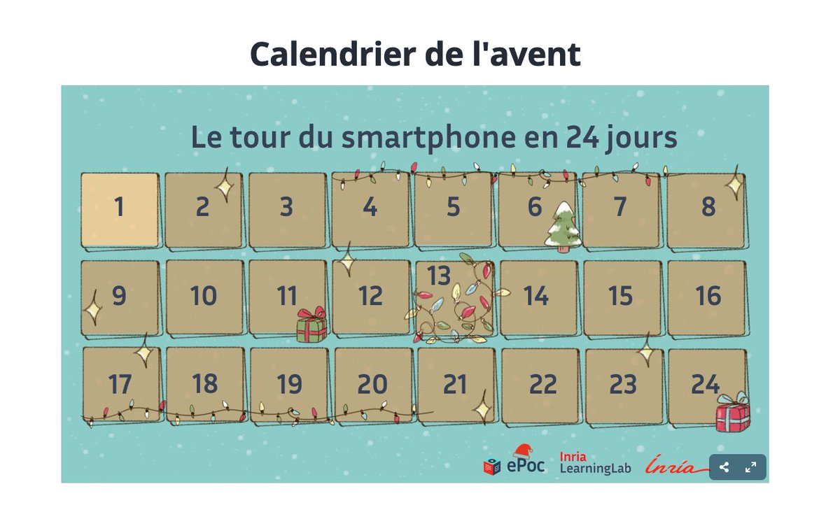 InriaLearnLab's tweet photo. 1️⃣[#CalendrierAvent] ✨ @inrialearninglab vous accompagne jusqu'à #Noel avec son calendrier de l'Avent et sa #MobileApp #ePoc !
🎄Du 1er au 24 décembre, venez tester vos usages du #smartphone, découvrir sa face cachée et des astuces d’utilisation : https://t.co/wG3Sn8Kj2S https://t.co/wu4sSbpmaW