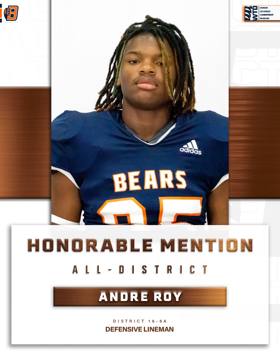 BridgelandFB's tweet photo. DL | Andre Roy ('25)
2022 District 16-6A
Honorable Mention All-District
#WinTheDay | #txhsfb | #AllDistict https://t.co/xlzv3V716b