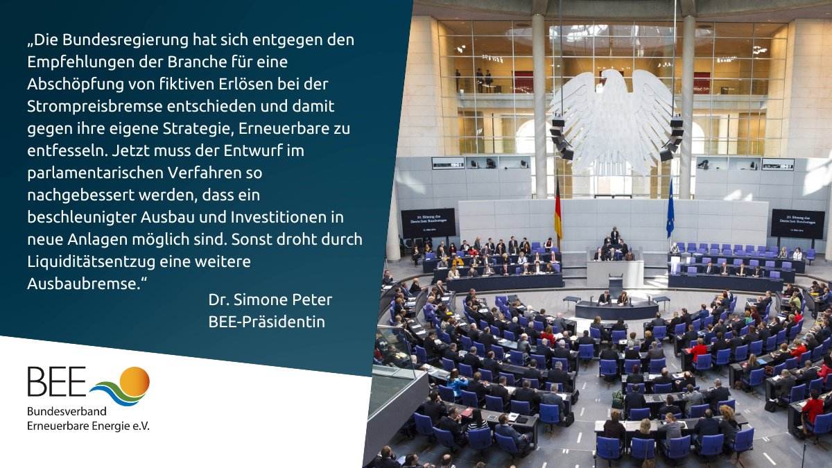 #Strompreisbremse: Anlässlich der 1. Lesung im #Bundestag hat der BEE fünf Kernforderungen erarbeitet, um das Gesetz an die realen Erfordernisse der Branche anzupassen.
Dazu BEE-Präsidentin <a href="/peter_simone/">Simone Peter 🌍 #Erneuerbare</a> in unserer Pressemitteilung: bit.ly/3ivoBPj
