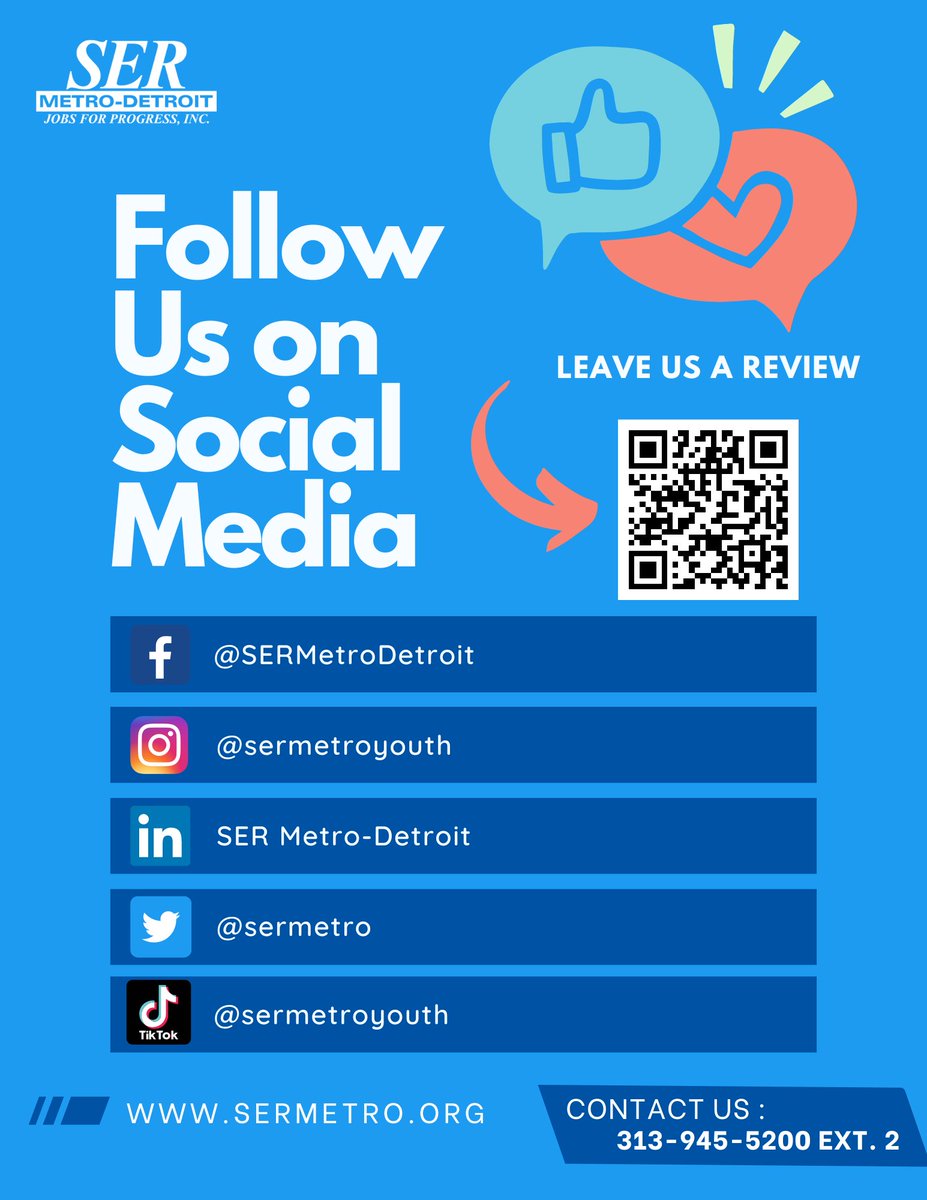 sermetro's tweet photo. Stay connected with us! Know about our latest news, events, and community resources.
We have a new TikTok page!
#FollowUs #socialmedia #detroit #SERMetro #YouthBuild #jobsforprogress #employment #jobseekers #detroityouth #DetroitatWork #tiktok #instagram #twitter #googlereview https://t.co/AdFj3sWFZx