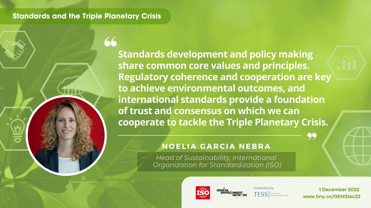 <a href="/isostandards/">ISO</a> <a href="/ISOSecGen/">Sergio Mujica</a> <a href="/NGarciaNebra/">Noelia Garcia Nebra</a> <a href="/brsmeas/">The Basel, Rotterdam and Stockholm Conventions</a> <a href="/TESSForum/">Forum on Trade, Environment & the SDGs</a> <a href="/ECOS_Standard/">ECOS 🌳</a> <a href="/IUCN/">IUCN</a> <a href="/Ecuador_OMC/">Misión del Ecuador ante la OMC | WTO</a> <a href="/wto/">WTO</a> <a href="/UNFCCC/">UN Climate Change</a> <a href="/IUCNscience/">Thomas Brooks</a> <a href="/CarolynDeere/">Carolyn Deere Birkbeck</a> <a href="/iso/">iso</a> For Noelia Garcia Nebra (<a href="/NGarciaNebra/">Noelia Garcia Nebra</a>) of <a href="/isostandards/">ISO</a>, tackling the triple planetary crisis effectively means having the achieving regulatory coherence and cooperation. International #standards can provide such a foundation.