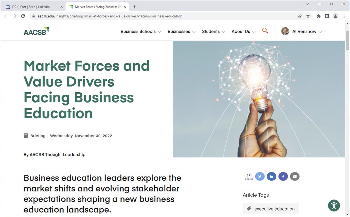 RenshawAl's tweet photo. Sharing a briefing from the @AACSB Innovation Committee. There is great opportunity for business schools to be bold and deliver value in new ways. The challenge is what is innovative today will be standard practice tomorrow. Enjoy the journey! https://t.co/J0hr7Q9XQR https://t.co/6RtFYbXCNf