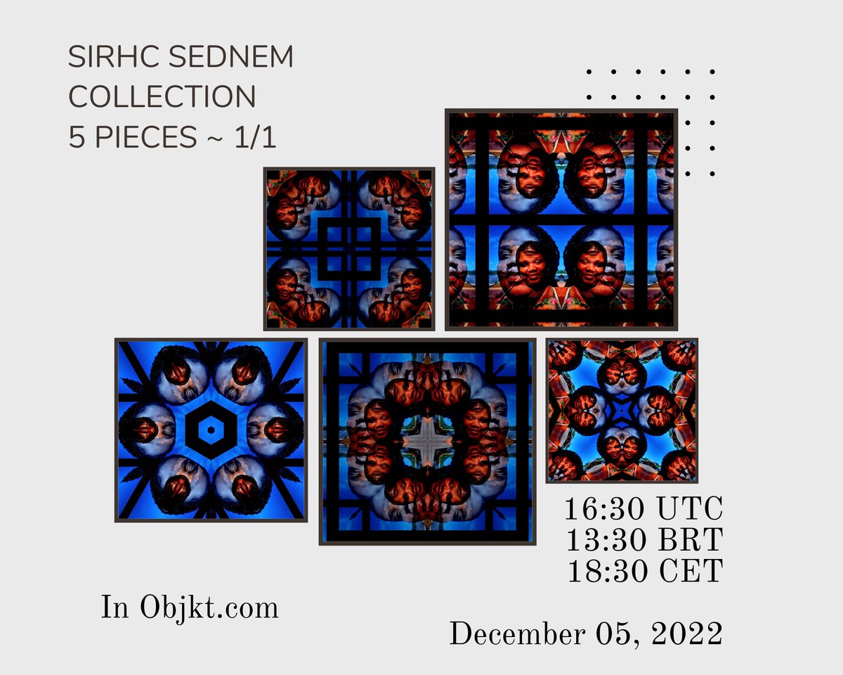Sirhc Sednem Collection 

5 Pieces ~ 1/1 Edition
Price 3 $XTZ

Pieces created in intuitive moments, where mind, body, anesthetized of affective memories let flow the creativity...

December 5th
16:30 UTC
13:30 BRT
18:309 CET

<a href="/objktcom/">objkt</a>