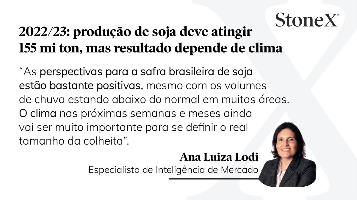 Nesta quinta-feira (01), a @stonex_brasil aumentou sua estimativa para a produção de #soja 2022/23, registrando um pequeno aumento para 155 milhões de toneladas, em decorrência da revisão da área plantada – com o total nacional passando de 43 para 43,4 milhões de hectares.