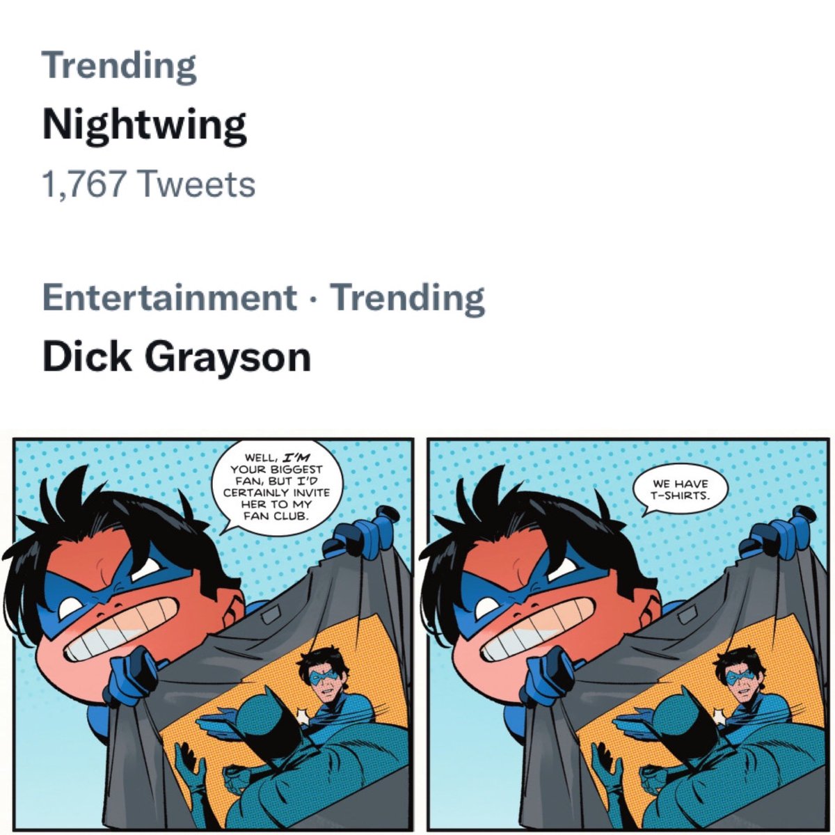 TomTaylorMade's tweet image. Nightwing and Dick Grayson are trending. Nite-Mite approves.
