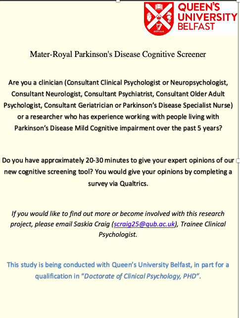 I am recruiting for my Doctorate of Clinical Psychology research thesis. If you are an expert in the field of Parkinson's Disease and/or Cognitive Impairment or know someone who is, please see below. Thank you!
#dclinpsy #divisionofneuropsychology #queensuniversitybelfast