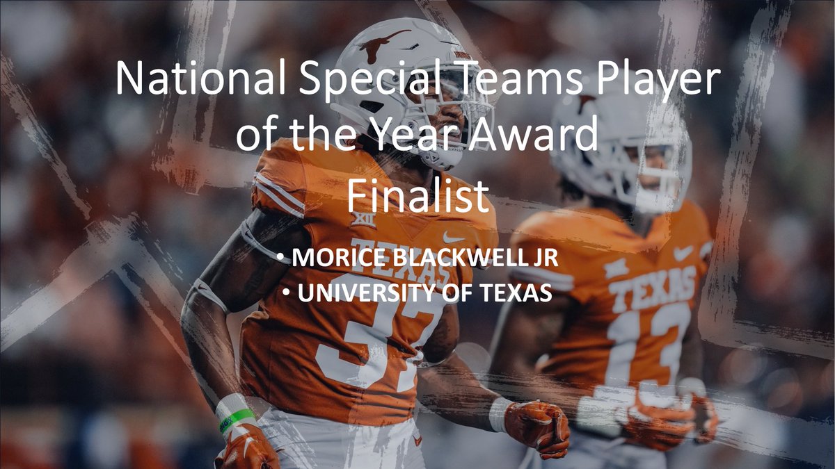SpecialTeamsPOY's tweet photo. The National Special Teams Player of the Year Award Committee introduces finalist

@Mor_iceB from the @Big12Conference  &amp; @TexasFootball

Morice played 179 snaps and was a 4 unit starter
Made 4 solo tackles 
Blocked punt

&amp; had a @PFF_College Grade of 85 https://t.co/pb6e3m4pHM