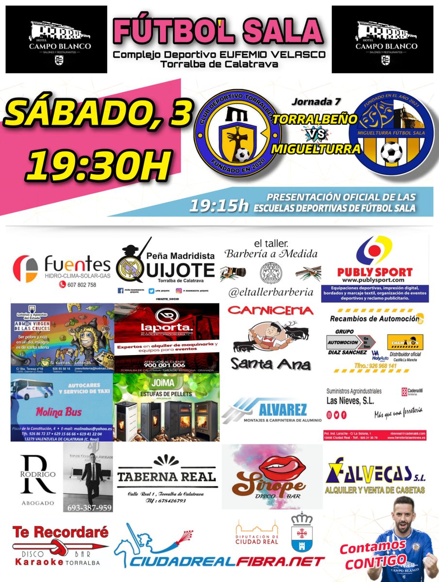 CDTORRALBENO's tweet photo. ➡️CALENDARIO FIN DE SEMANA 
*Juvenil: Descansa

A las 19;15 presentación oficial de las escuelas deportivas de fútbol sala.

*Senior:
🆚Miguelturra.
📅 Sábado, 3 de diciembre - 19:30 h.
🏠 Pabellón Municipal Eufemio Velasco
ENTRADA:
💵 Socios GRATIS
💵 3€ NO Socios

💙🤍💛 https://t.co/DDlEuYmVfo