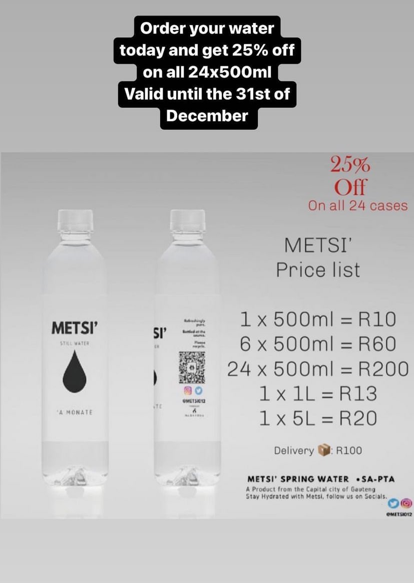 Metsi_012's tweet photo. Metsi’ 💧

Grab yourself a 24 x 500ml purified water for only R150.00 this festive season. Feel free to choose from our Wide Range. 💧

A’ Monate https://t.co/I8zAa81rv2