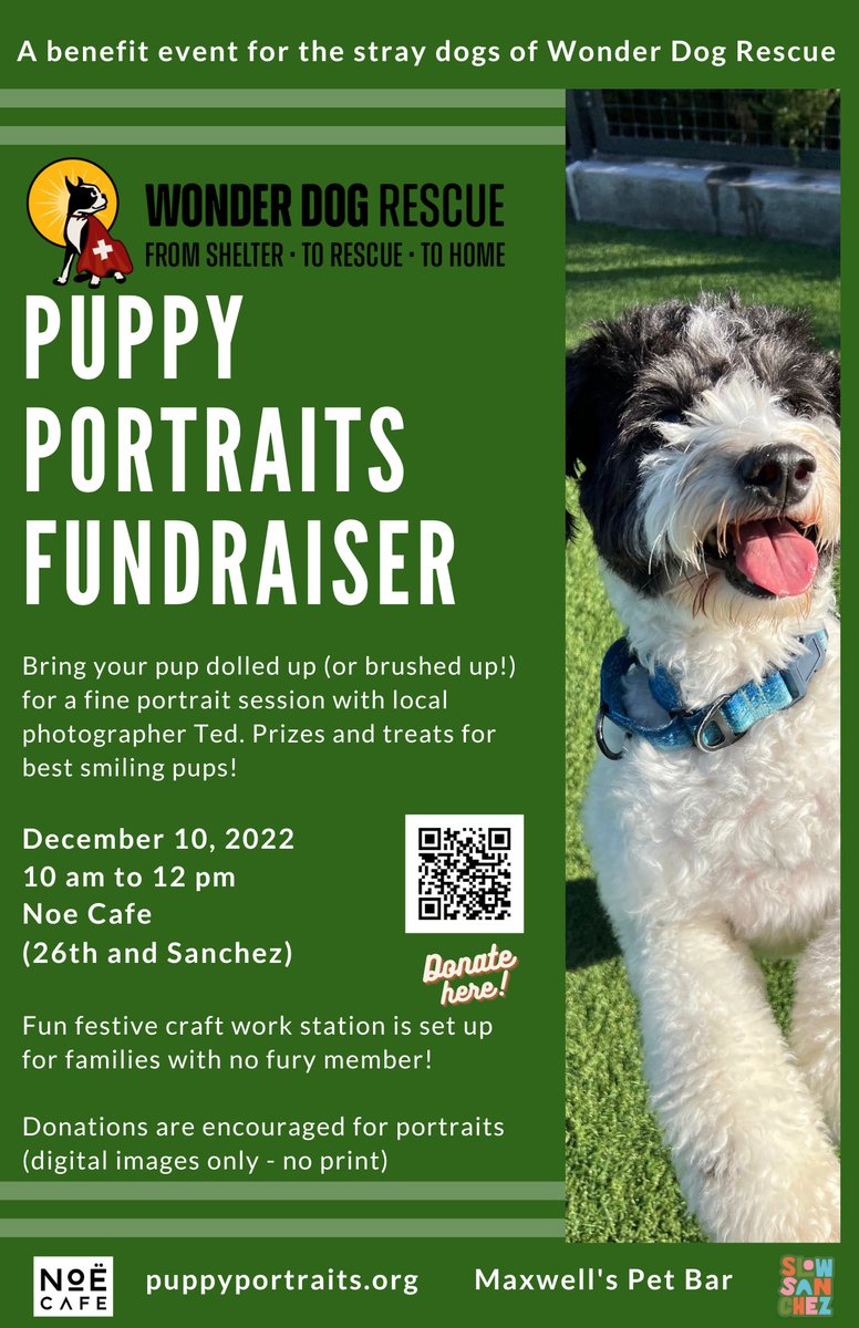 Join us December 10th at Noe Cafe to get a professional portrait of your pup with proceeds all going to wonder dog rescue.  There will also be a craft station for kids to paint puppy ornaments for your Christmas tree.