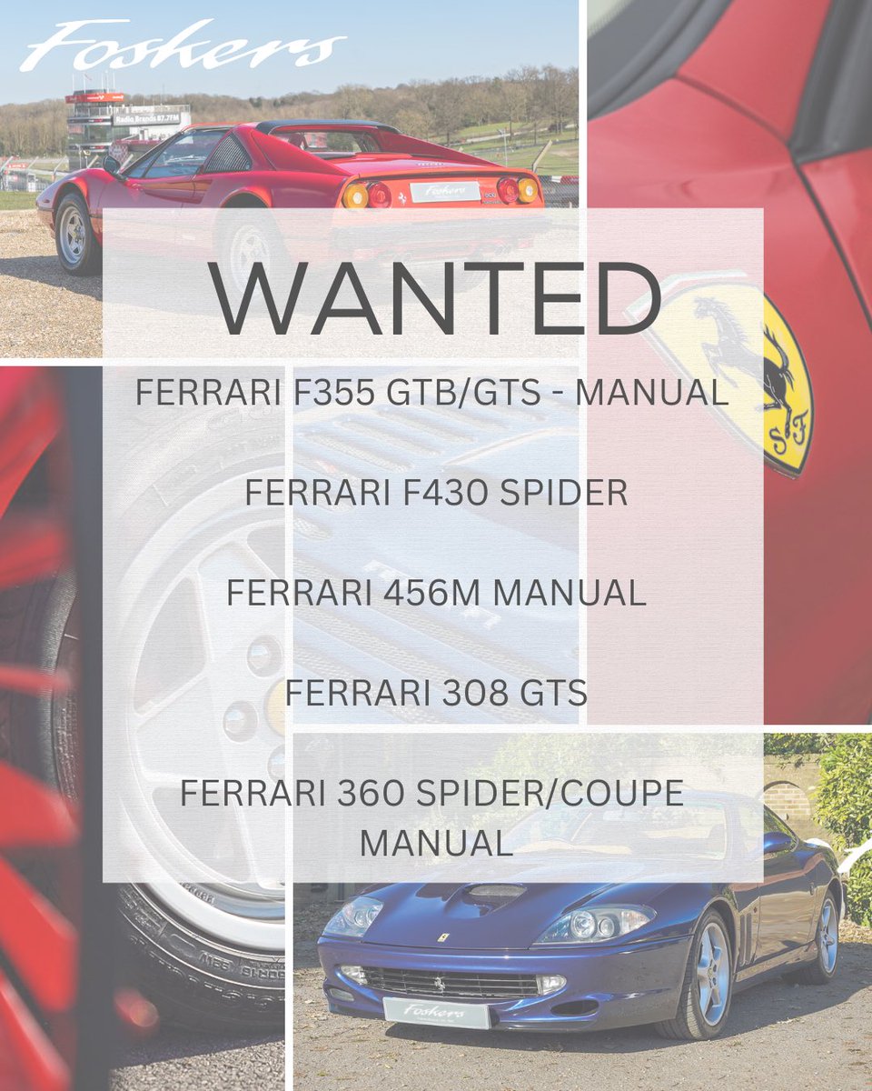 WANTED

We have clients for the cars listed but other examples also required.

Contact us today if you’re looking to sell your Ferrari.

T | +44 1474 874555

#ferrari #foskers