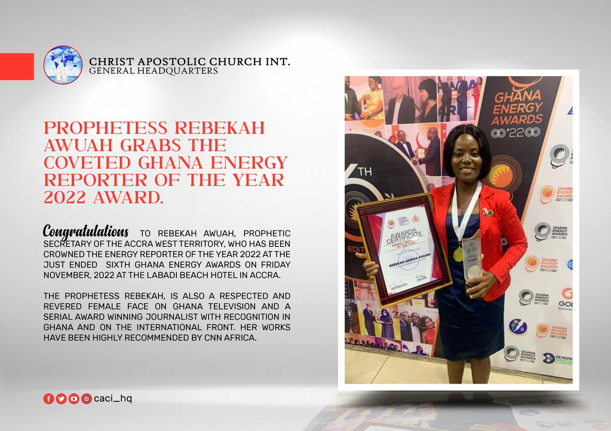 cacheadoffice's tweet photo. CAC Prophetic Secretary, Prophetess Rebekah Awuah grabs The Coveted Ghana Energy Reporter Of The Year 2022 Award.
#cac   #cachq #ghanaawards #makingdisciplesofallnations https://t.co/Ghh0u8CVN7