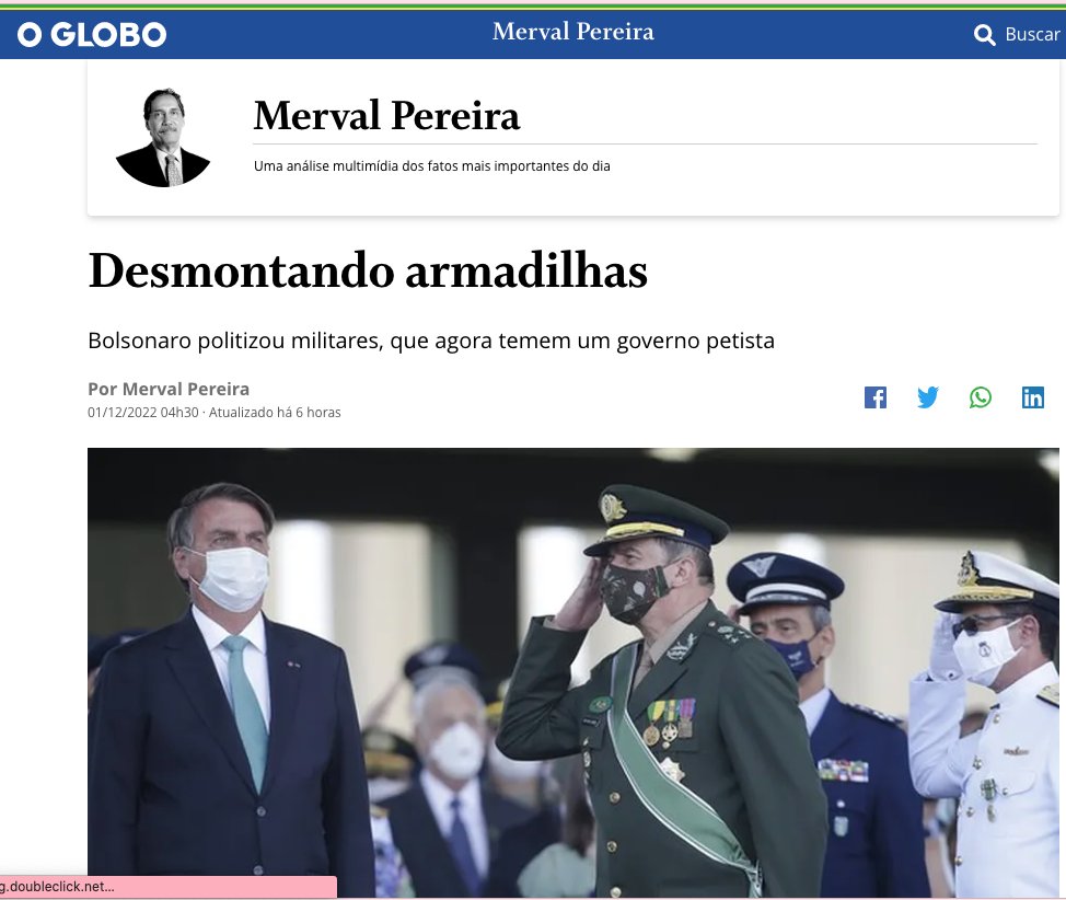 Tucano global é mesmo um bicho muito safado! Inverte tudo! As forças armadas não engolem ter de obedecer um LADRÃO socialista, e o responsável pelo clima negativo entre militares é de Bolsonaro, que teria 'politizado' a situação. Ah, vai plantar batata, petista!