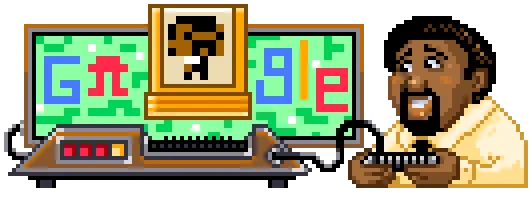 Artwork Jerry Lawson playing a video game. The image is pixilated to mimic the look of an old-fashioned video game. Jerry has brown skin, black hair and a beard and is postioned on the right side of the frame. The video game cartridge that is in center frame has Jerry's image printed on it. The "GOOGLE" logo is written on the video screen.