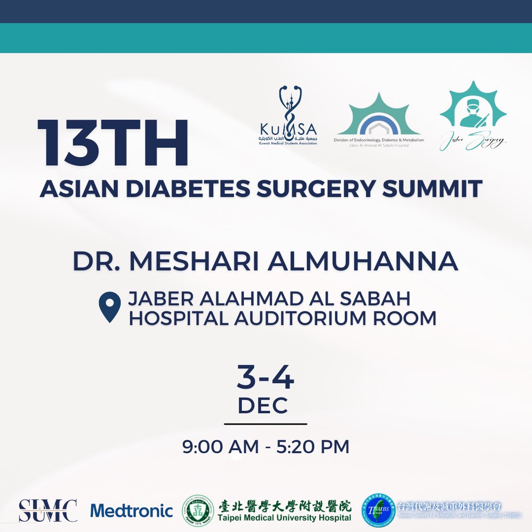KuMSA_Q8's tweet photo. Diabetes, being a complicated yet unfortunately highly prevalent disease, has several subdivisions, with one of them dedicated to the surgery enthusiasts this time. The 13th Asian Diabetes Surgery Summit will be held on 3-4/12 but with the chance to observe a mini gastric bypass! https://t.co/bXdjw3uwTM