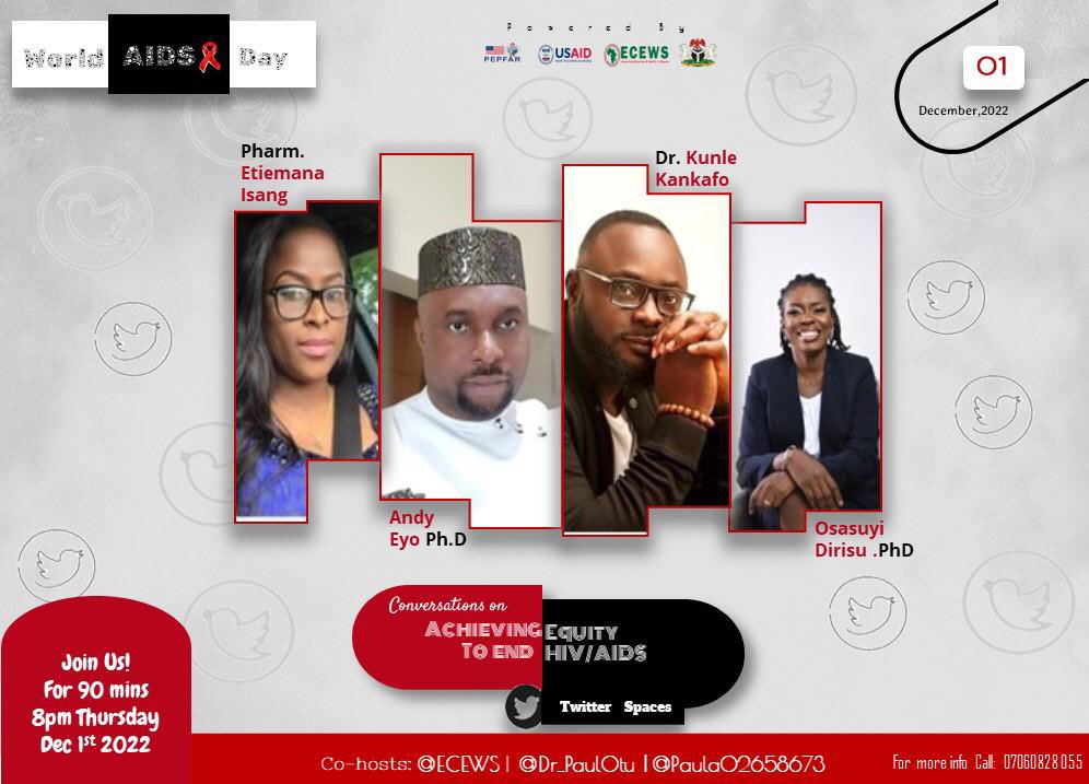akudo_alli's tweet photo. Conversations on equalizing to end AIDS. The inequalities that has affected the journey so far will be addressed in this Twitter space that promises to be engaging and exciting.
Tune in by 8pm prepared with your questions.
#WorldAIDSDay
#EqualizeToEndAIDS
#EqualizeWithECEWS https://t.co/GG9RjLbuqx