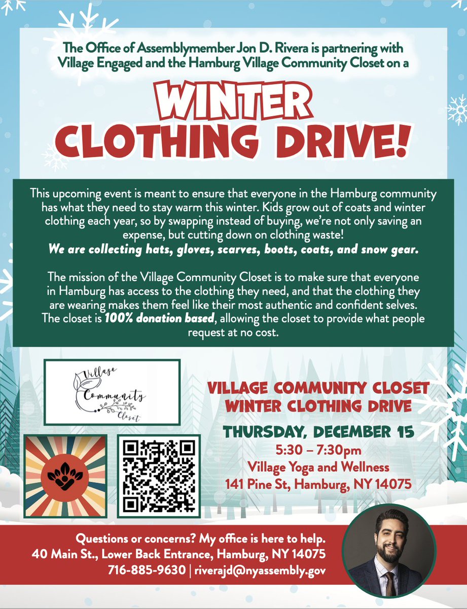 Take a look at these holiday efforts being organized by <a href="/JonRivera149/">Assemblymember Jon D. Rivera</a>, <a href="/Hoak4Supervisor/">Hamburg Supervisor Randy Hoak</a>, <a href="/HamburgNYPolice/">Hamburg Police</a>, and others! Both the toy and clothing drives are now accepting donations. Respective dropoff locations and more information below ⬇️🎁