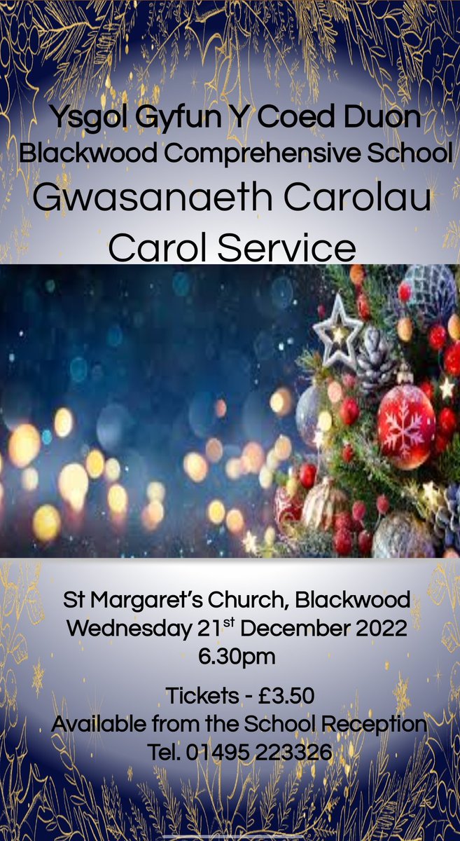 BLKWD_Music's tweet photo. The school Carol Service will take place at 6.30pm on the 21st December in St Margaret's Church. Tickets are available from the school reception. All are welcome! @Blackwood_Comp https://t.co/LFL5A8CCyD