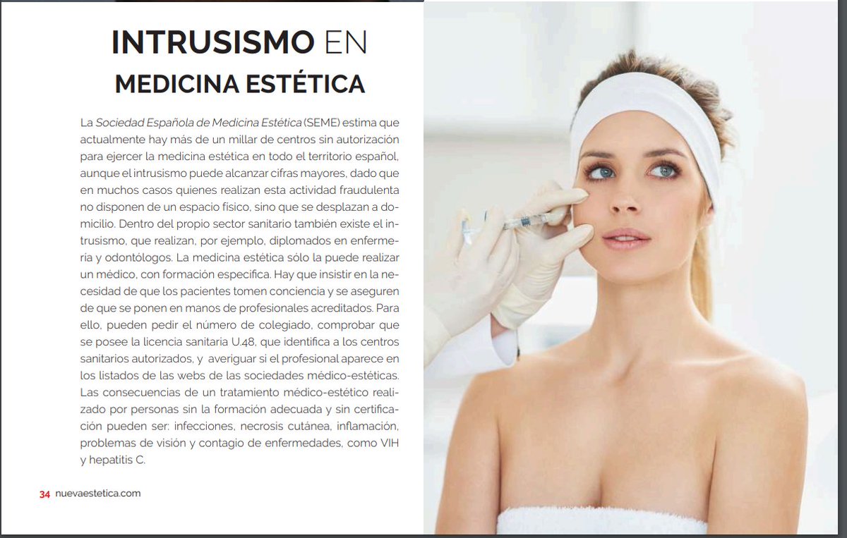 SEMEstetica's tweet photo. 👉 La SEME insiste, tal y como lo recoge @nuevaesteticaES, en la necesidad de que los pacientes tomen conciencia del #intrusismo y se aseguren de que ponen su salud en manos de #medicosesteticos 👩⚕️👨⚕️
#MedicinaEstética https://t.co/4J2o6Jz05q