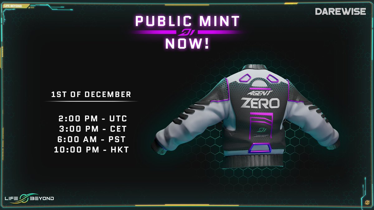 LifeBeyond's tweet image. The Agent Zero Jacket 🧥 Public Mint Is Now LIVE!
playlifebeyond.com/marketplace/0x…
Make sure you have MATIC for the gas fees ⛽️