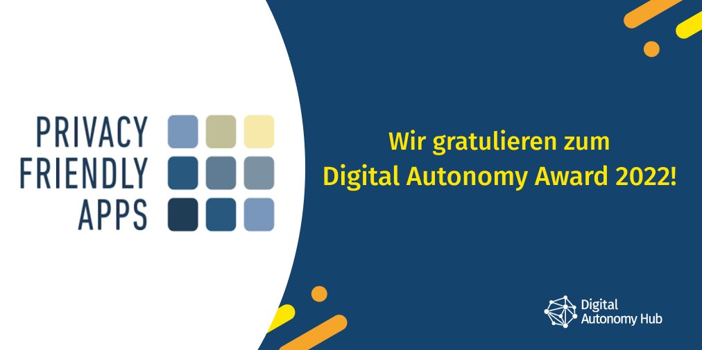 DigiAutonomyHub's tweet image. Unsere Gewinner des #DAAward 2022 waren die Privacy Friendly Apps von @SECUSOResearch am Karlsruher Institut für Technologie! 🏆
Ihr habt auch eine Lösung für mehr #digitaleSelbstbestimmung? Reicht sie noch bis zum 8. Januar hier ein: digitalautonomy.net/award