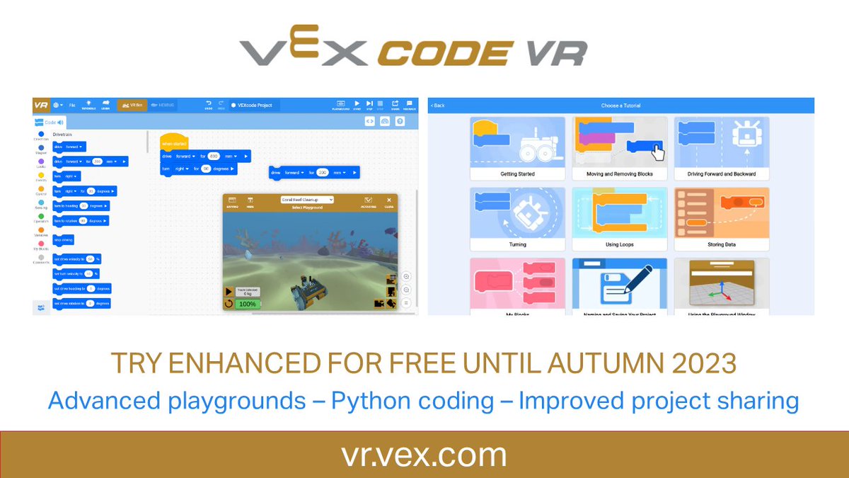 VEXRoboticsUK's tweet photo. New month, new skill? Learn #coding anytime, anywhere with #VEXcode VR. Code a virtual robot using online tutorials - start with Blocks and progress to Python. It’s free to use, works on Windows or Mac and can be accessed whenever suits you. #computing https://t.co/d1pWT3rdGE https://t.co/OiNiR1I40X
