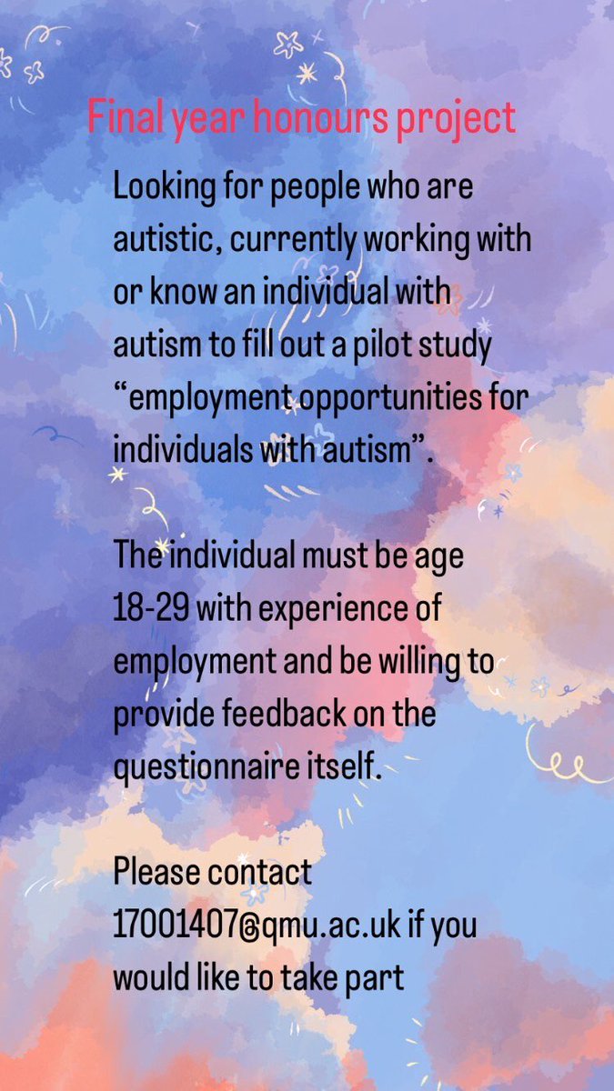 qmusltsociety's tweet photo. 🚨PARTICIPATION NEEDED 

Please help one of our members with her honours project if you can 😊

Looking for people who are autistic, currently working with or know an individual with autism to fill out a pilot study “employment opportunities for individuals with autism”. https://t.co/CFTGmHVteL