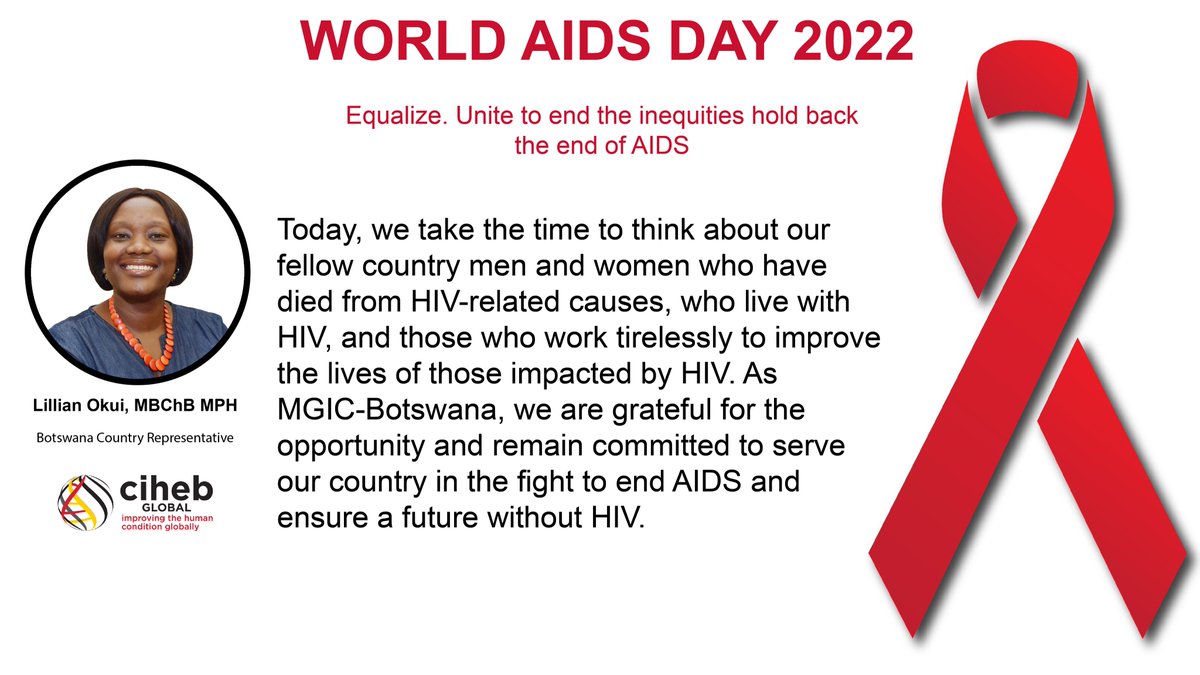 Ciheb_UMB's tweet photo. This #WorldAIDSDay2022 , #Ciheb is proud to be working in various program countries to contribute to the achievement of @UNAIDS' goal of ending the #AIDS epidemic by 2030. Lillian Okui, Botswana Country Representative, shares her thoughts on #HIV programming in the country. https://t.co/432CS0k1Z5